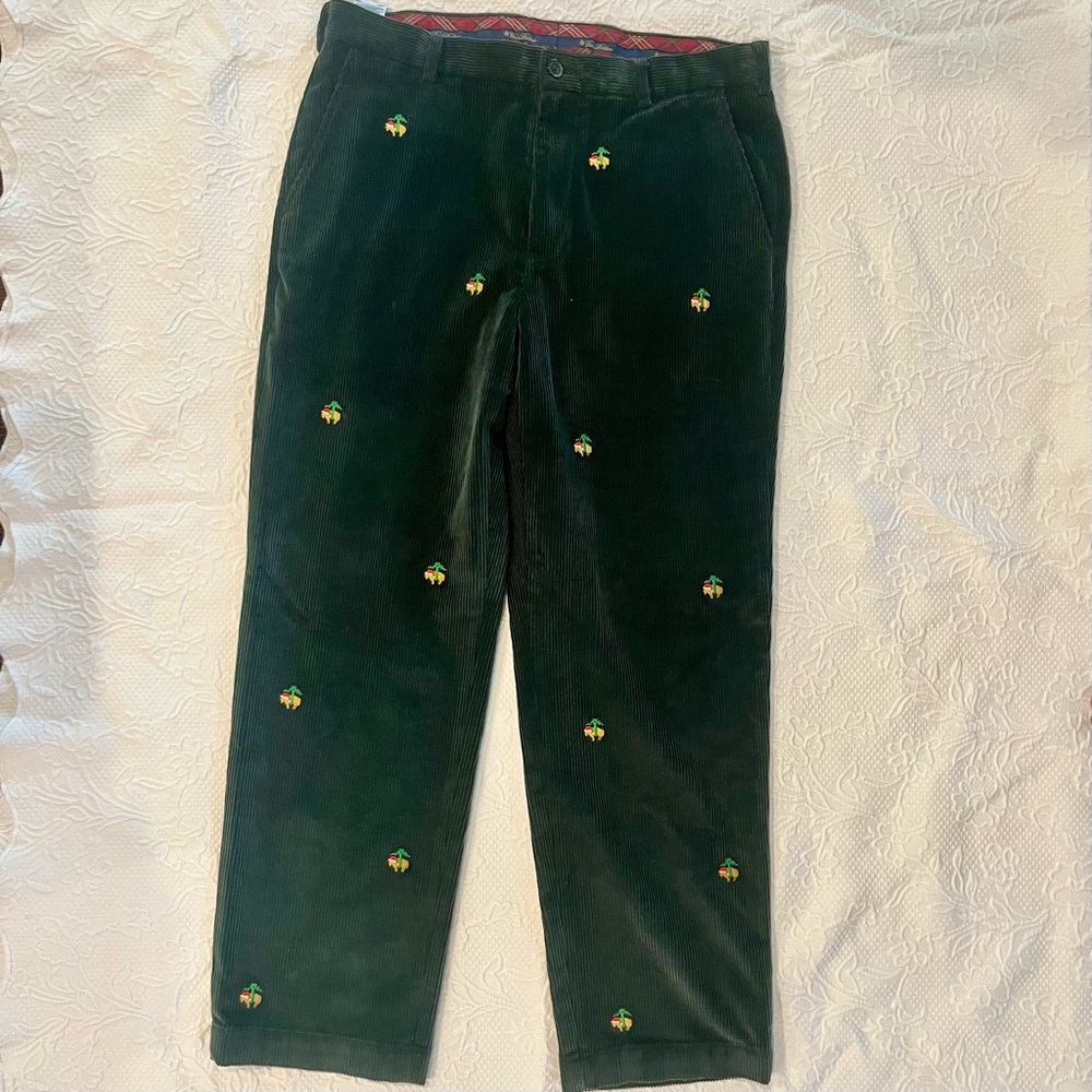 Brooks Brothers Mens Dark Green Corduroy Holiday Pants with Embroidered Logo